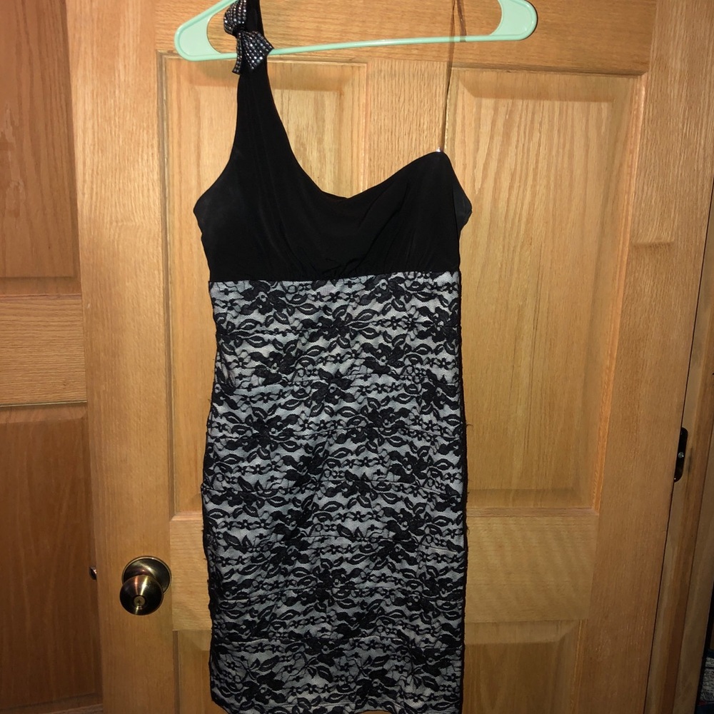 City Studio Black/White Lace One Shoulder Dress